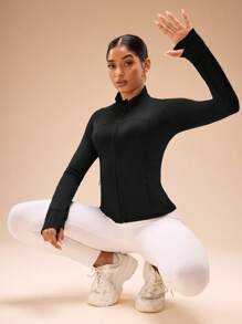 女士黑色修身运动夹克，女士黑色夹克 - 黑色 - 查看 6