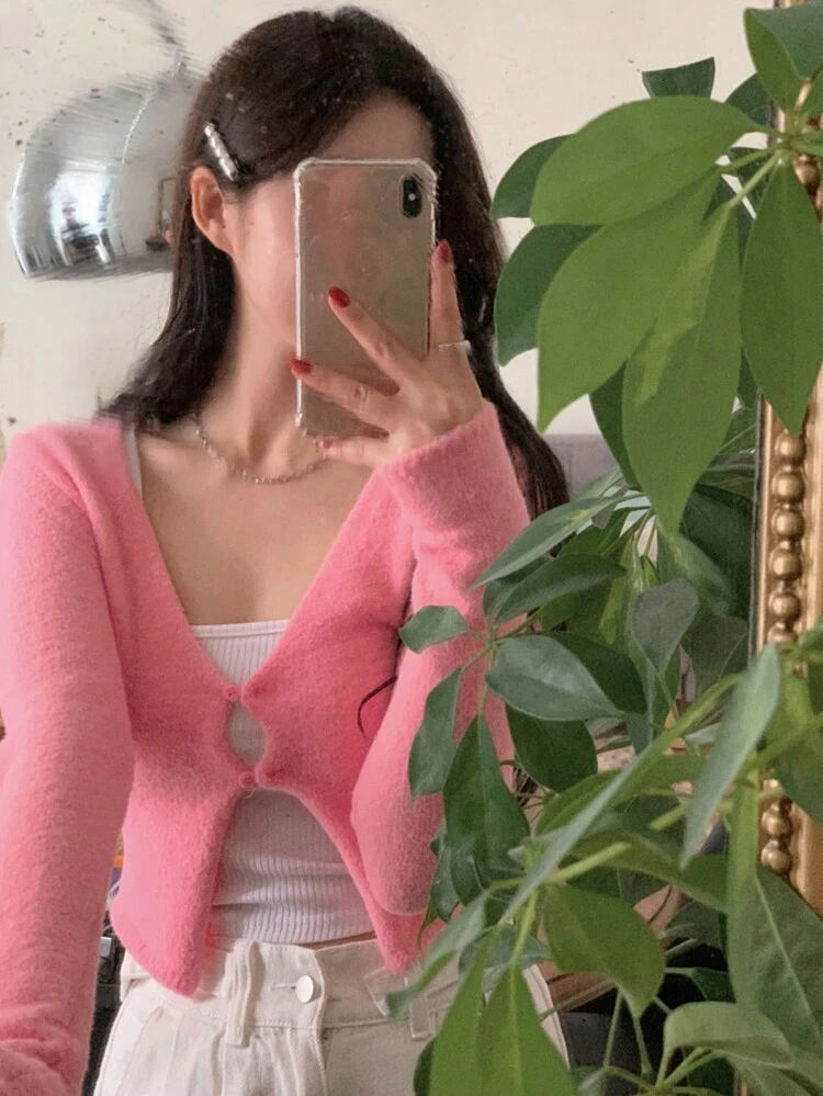 Women's Solid Color V-Neck Cropped Fitted Cardigan Sweater,Fall Clothes