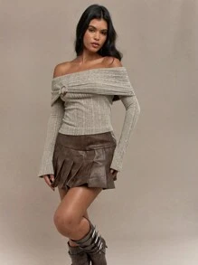 MISSGUIDED Western Metal Detail Textured Off-Shoulder Long Sleeves Bardot Top - Apricot - View 1