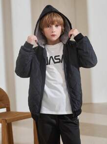 SHEIN 少年 Teddy 毛毛內襯帽式菱形加厚外套