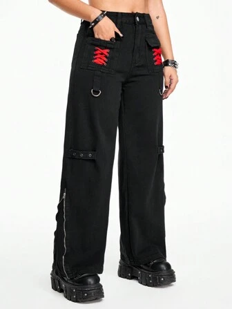 Grunge Punk Music Festival Punk Red And Black Casual Versatile Street Style Grommet Lace-Up 3D Pockets Zipper Loose Women Jeans