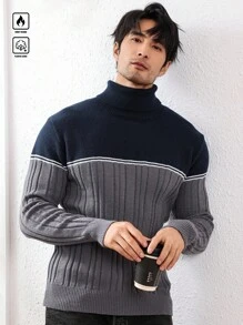 Manfinity Homme 男士秋冬拼色高领宽松休闲毛衣 - 灰色 - 查看 4