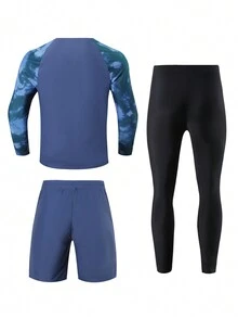 Manfinity Swimmode 3pcs Men Tie-Dye Printed Splice Long Sleeve Top, Shorts & Pants Swimwear Set