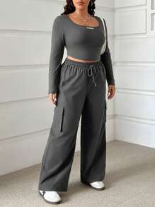 SHEIN EZwear 2pcs/Set Casual Gray T-Shirt And Cargo Pants For Plus Size, Spring Autumn - Grey - View 3