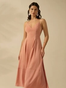 CAJUNI 女式 V 领肉粉色细肩带中长连衣裙，假日休闲海滩夏装 - 淺粉色 - 查看 5