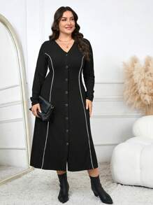 Modelyn Vestido de manga larga con escote en V, abotonadura delantera y adorno de color contrastante para tallas grandes - Negro - Ver 4