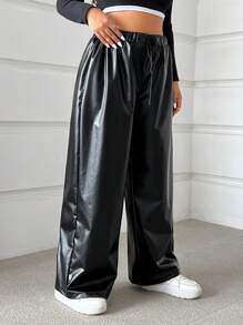 SHEIN EZwear 大码黑色 PU 抽绳休闲宽松裤 - 黑色 - 查看 3