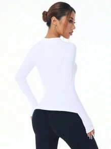 SHEIN Sports Women's Solid Color Raglan Sleeve Zipper Front Fitted Active Jacket - White - View 2