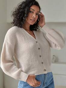 SHEIN LUNE Plus Size Buttoned Drop Shoulder Cardiganbusiness Casual Woman,Holiday Outfits,Country Tops, For Winter - Apricot - View 7