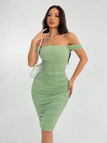 SHEIN PETITE 绿色露肩连衣裙春假便宜衣服夏季衣服夏季连衣裙春季连衣裙粉彩连衣裙海滩女士连衣裙长沙滩连衣裙夏季连衣裙 - 綠色 - 查看 4