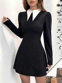 SHEIN EZwear 时尚拼色领迷你连衣裙，秋季 - 黑色 - 查看 3