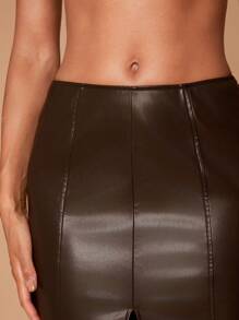 SHEIN Unity Fall Clothes, Sexy Brown Faux Leather High-Waisted Midi Skirt With Front Slit. For Date Night, Concerts, Performances, Music Festivals, Parties, Clubs, Holidays, Night Out