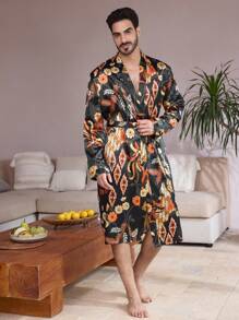 Manfinity ChillVibe Men Full Print Belted Pajama Robe - Multicolor - View 4