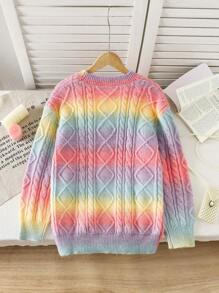 Girls Ombre Color Mid-Length Cardigan Sweater, Loose Casual, Comfy, Versatile, Suitable For Daily, Party, Autumn Winter - Multicolor - View 2