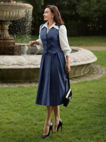 Vintamour 复古学院风女式两件套翻领背心和裙子套装秋季女装两件套背心套装返校商务休闲女士外出装背心套装办公室装学院风女装冬季女装办公室装女套装感恩节女装秋装两件套秋季装女裙套装女套装皇家蓝女装 - 藏蓝色 - 查看 3