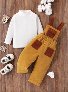2 piezas/Set Conjunto casual de niña bebé con Top de cuello alto cálida y pantalones de peto holgados, adecuado para otoño e invierno