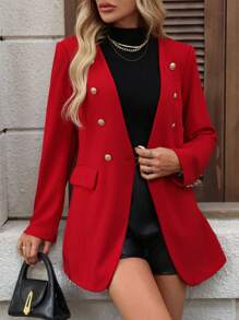 SHEIN Clasi Blazer rojo sin cuello de moda para mujer para otoño e invierno - Rojo - Ver 6