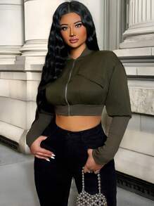 Zolique Women's Solid Color Dropped Shoulder Long Sleeve Cropped Casual Baseball Jacket, Spring & Fall - Army Green - View 1