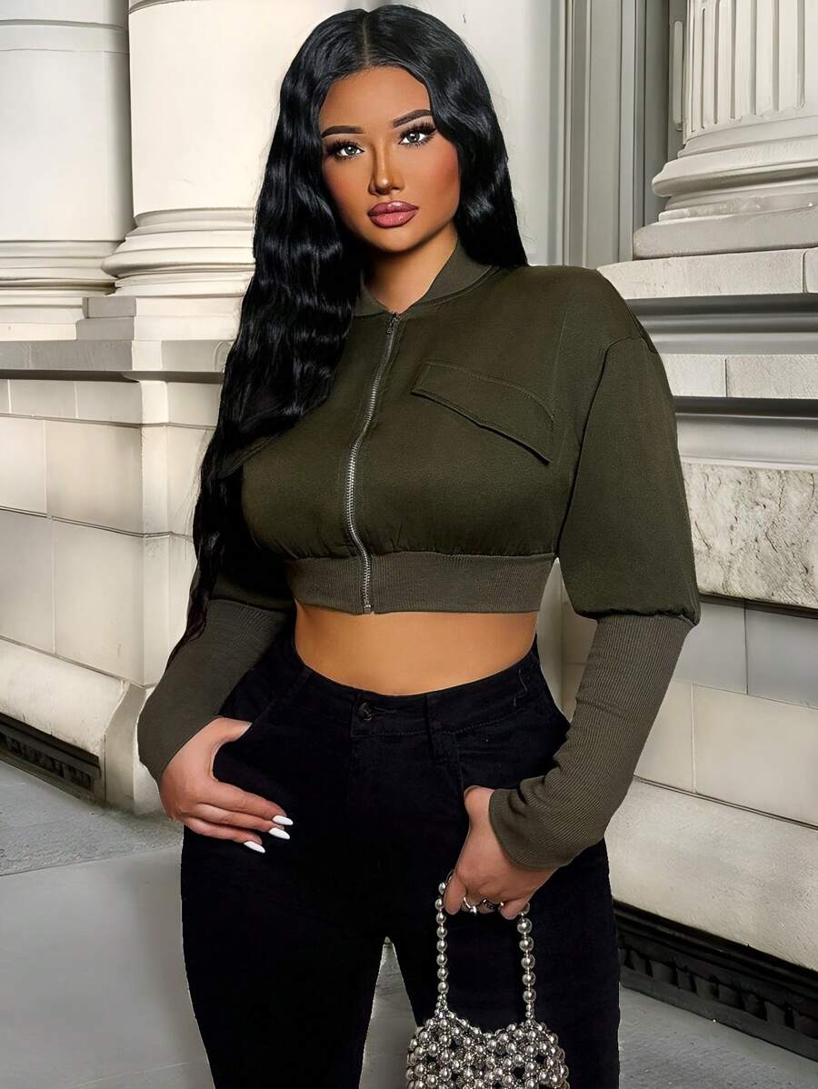 Zolique Women's Solid Color Dropped Shoulder Long Sleeve Cropped Casual Baseball Jacket, Spring & Fall - Army Green - View 1