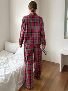 DAZY Conjunto de pijama con camisa de manga larga con botones y pantalón largo a cuadros, holgado