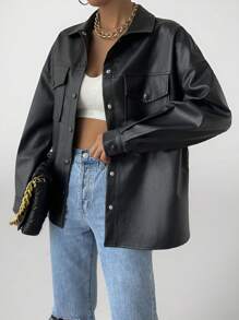 SHEIN PETITE Women's Spring Fashion Faux Leather Shacket Jacket Flap Pocket Drop Shoulder Button Down Blouses Long Sleeve Shirts In Fall/Winter - Black - View 1