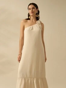 CAJUNI Vestido beige de verano casual para vacaciones de mujer con un hombro y cordones - Beis - Ver 5