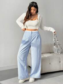 SHEIN EZwear Pantalones rectos con cintura a rayas azules y blancas en talla grande