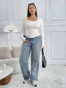 SHEIN EZwear 大码女式宽松圆领长袖褶皱休闲 T 恤，白色 - 白色 - 查看 4