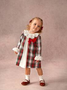 SHEIN Baby Girl Elegant Plaid Patchwork 2 In 1 Dress, Spring & Fall, For Christmas - Red - View 1