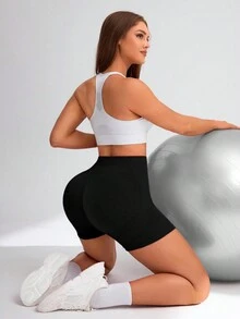 Easithlete 无缝高弹瑜伽运动短裤 - 黑色 - 查看 8