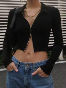 DAZY 女士短款修身T恤长袖女式上衣 - 黑色 - 查看 1