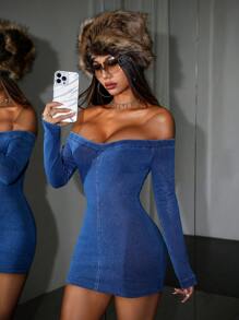 SHEIN PETITE Women's Off-Shoulder Mini Denim Dress, Elegant Dress, Sexy Dress, Petite Women Dress, Long Sleeve Dress, Knit Dress, Royal Blue Women Dress, Thanksgiving Women Outfit, Long Sleeve Women Dress, Sexy Women Dresses, Cowgirl Women Outfits, Concert Women Outfit, Cowgirl Costume, Winter Women Dress, Winter Women Dress, Light Blue Dress, Petite Women Dress, Knit Dress
