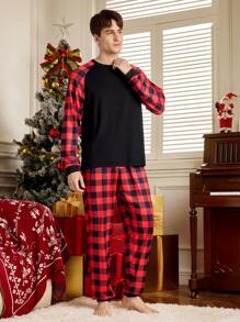 Bộ đồ ngủ gồm 2 chiếc áo thun dài tay cổ tròn in họa tiết kẻ caro và quần dài cho nam - Đỏ - Xem 5