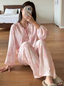 DAZY All-Over Floral Print Tie-Front Pajama Set - Pink - View 8