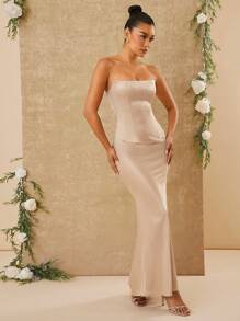 SHEIN Unity Bộ 2 áo corset bằng vải satin và váy đuôi cá dài - Màu Khaki - Xem 3