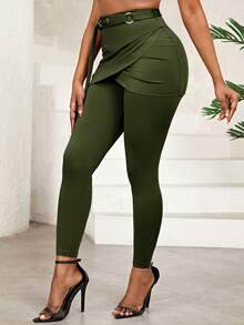SHEIN Lady Conjunto de falda midi con abertura y leggings de parches con enlaces circulares para mujer - Verde militar - Ver 6