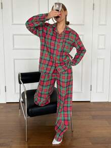 DAZY Conjunto de pijama con camisa de manga larga con botones y pantalón largo a cuadros, holgado