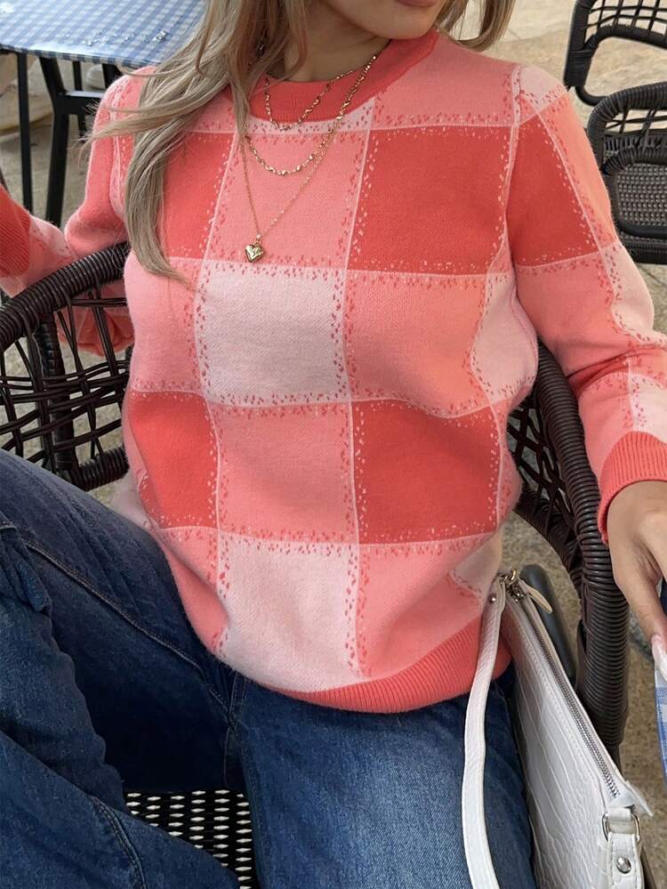 Color Block Plaid Pattern Sweater