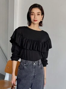 FRIFUL 女款純色圓領長袖休閒拼接荷葉邊校園風T恤 - 黑色 - 查看 3