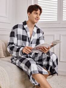 Men's Plaid Print Waist Tie Long Sleeve Robe - Multicolor - View 1