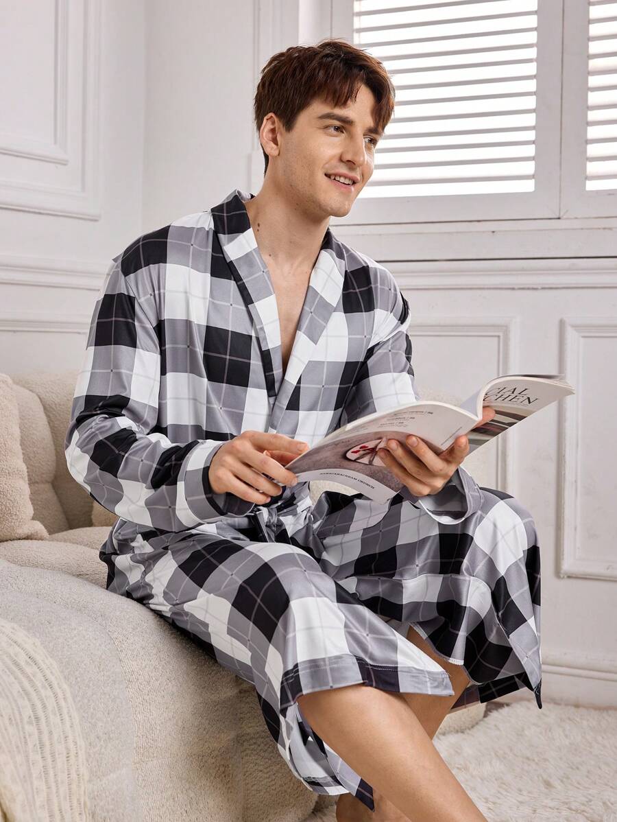 Men's Plaid Print Waist Tie Long Sleeve Robe - Multicolor - View 1