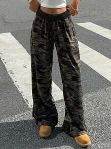 Muchica Women's Camouflage Knitted Wide Leg Casual Street Pants