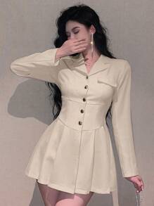 DAZY 女士纯色纽扣长袖休闲连衣裙，生日、新年、舞会礼服，荷叶边迷你裙，秋季优雅女装 - 白色 - 查看 7