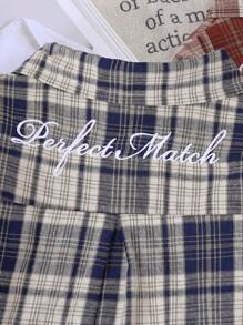 2 piezas Conjunto de camisa de estilo escolar informal con estampado a cuadros y texto bordado para niño joven, adecuado para otoño/invierno, salidas, uso casual en la calle - Multicolor - Ver 3