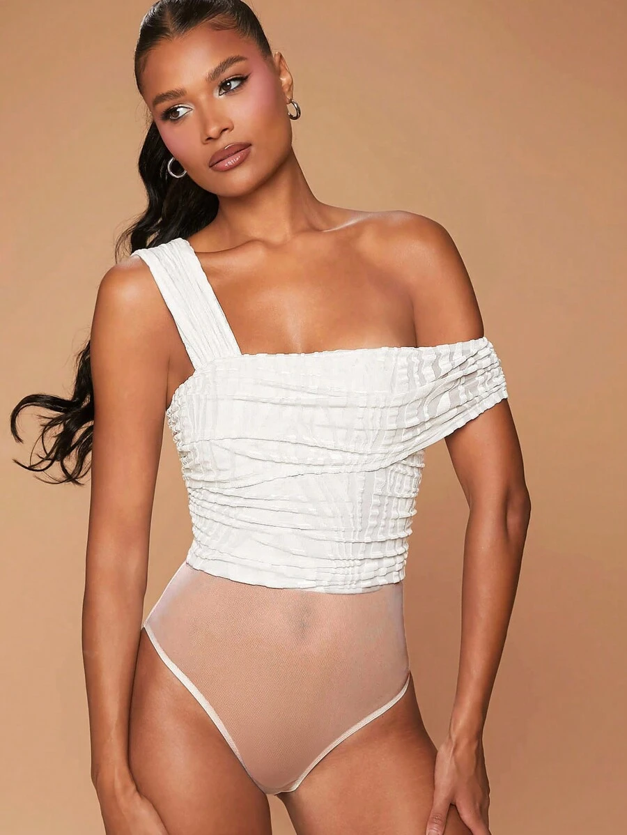 Hauture Asymmetric Neck Ruffle Sleeveless Flocking Bodysuit - White - View 1