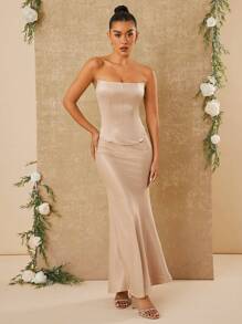 SHEIN Unity Bộ 2 áo corset bằng vải satin và váy đuôi cá dài - Màu Khaki - Xem 2