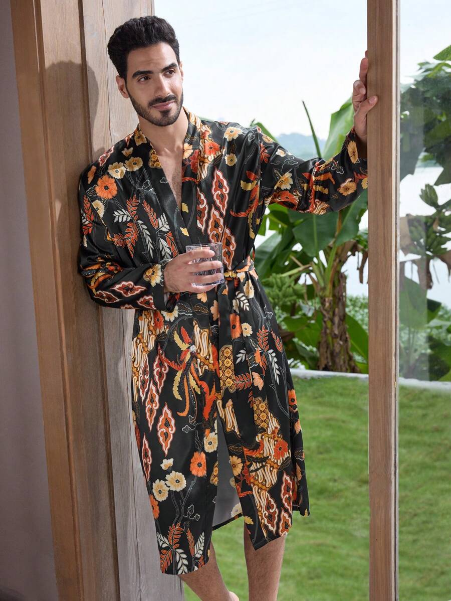 Manfinity ChillVibe Men Full Print Belted Pajama Robe - Multicolor - View 1
