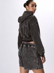 MUSERA Washed Extreme High Neck Cropped Zip Through Hoodie - Black - View 4