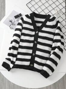 SHEIN Áo len cardigan sọc dài tay cổ chữ V rộng rãi cho bé gái tuổi teen - Đen và trắng - Xem 1