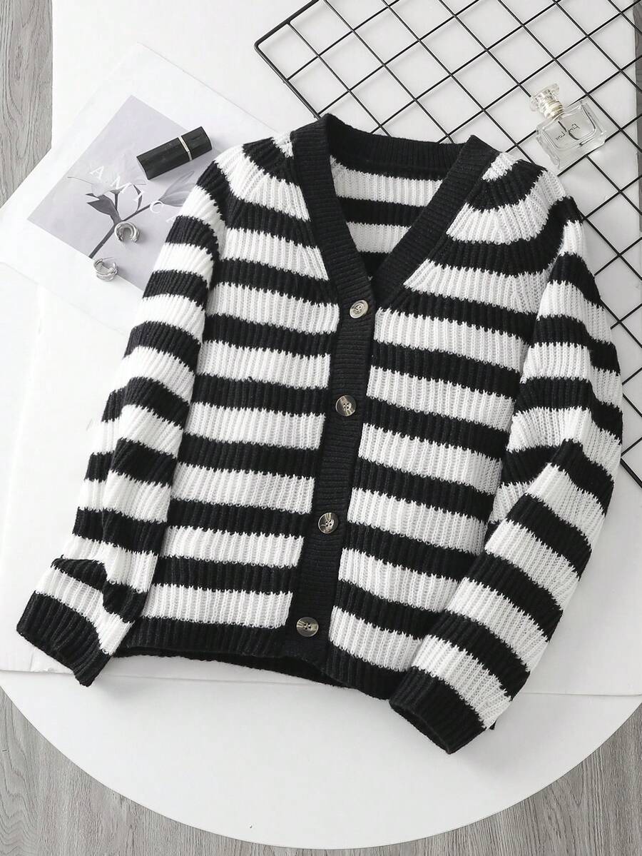 SHEIN Áo len cardigan sọc dài tay cổ chữ V rộng rãi cho bé gái tuổi teen - Đen và trắng - Xem 1